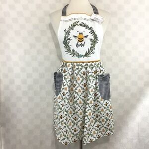 Market Square Bee‎ Kind Embroidered Apron Honeybee Gingham Pockets White Yellow
